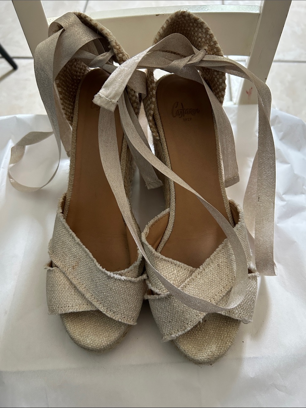 Castaner Neutral Linen Espadrille Wedge Sandals with Ankle Ribbons